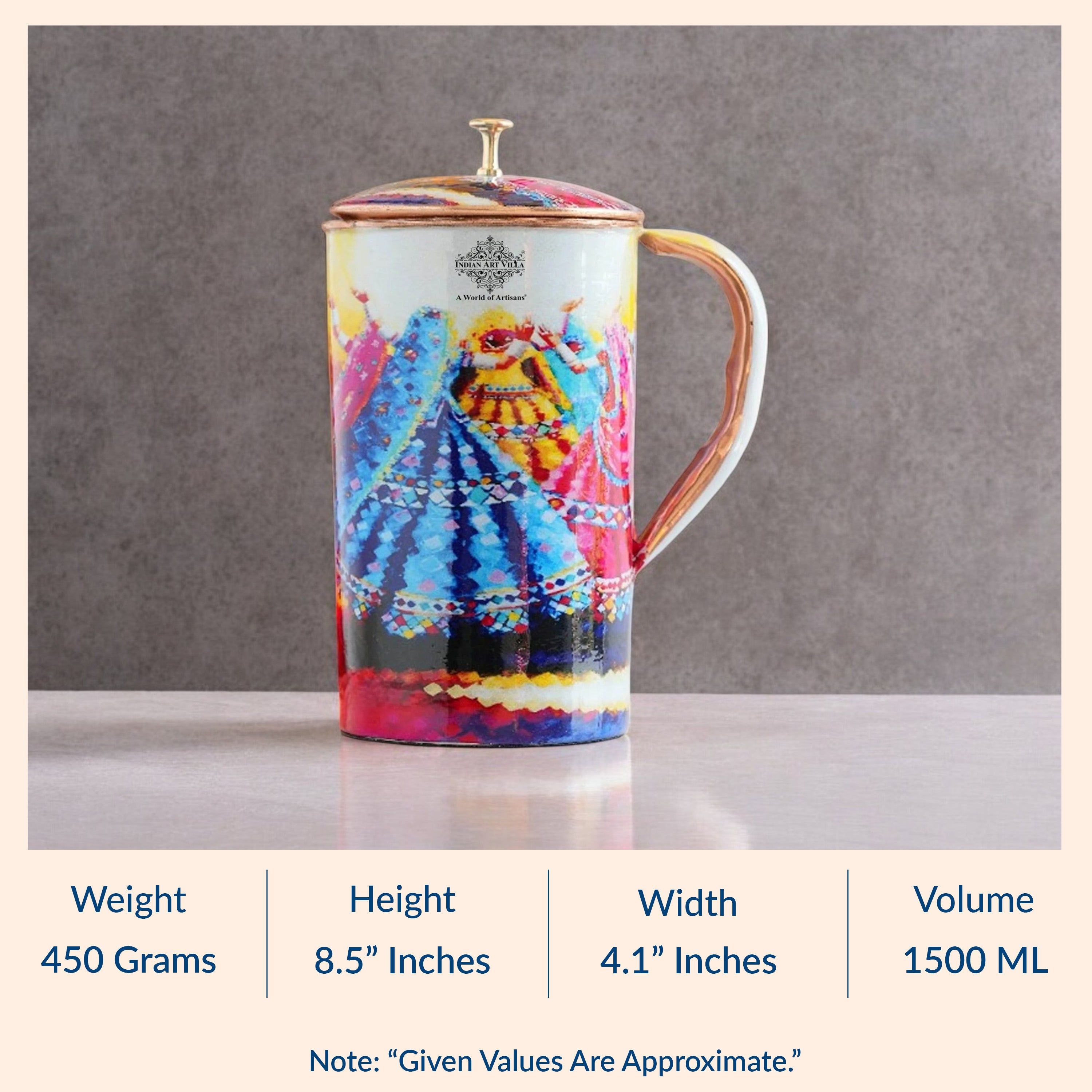 Pure copper printed jug padharo mhare desh design dancingwomen, 2000 ML